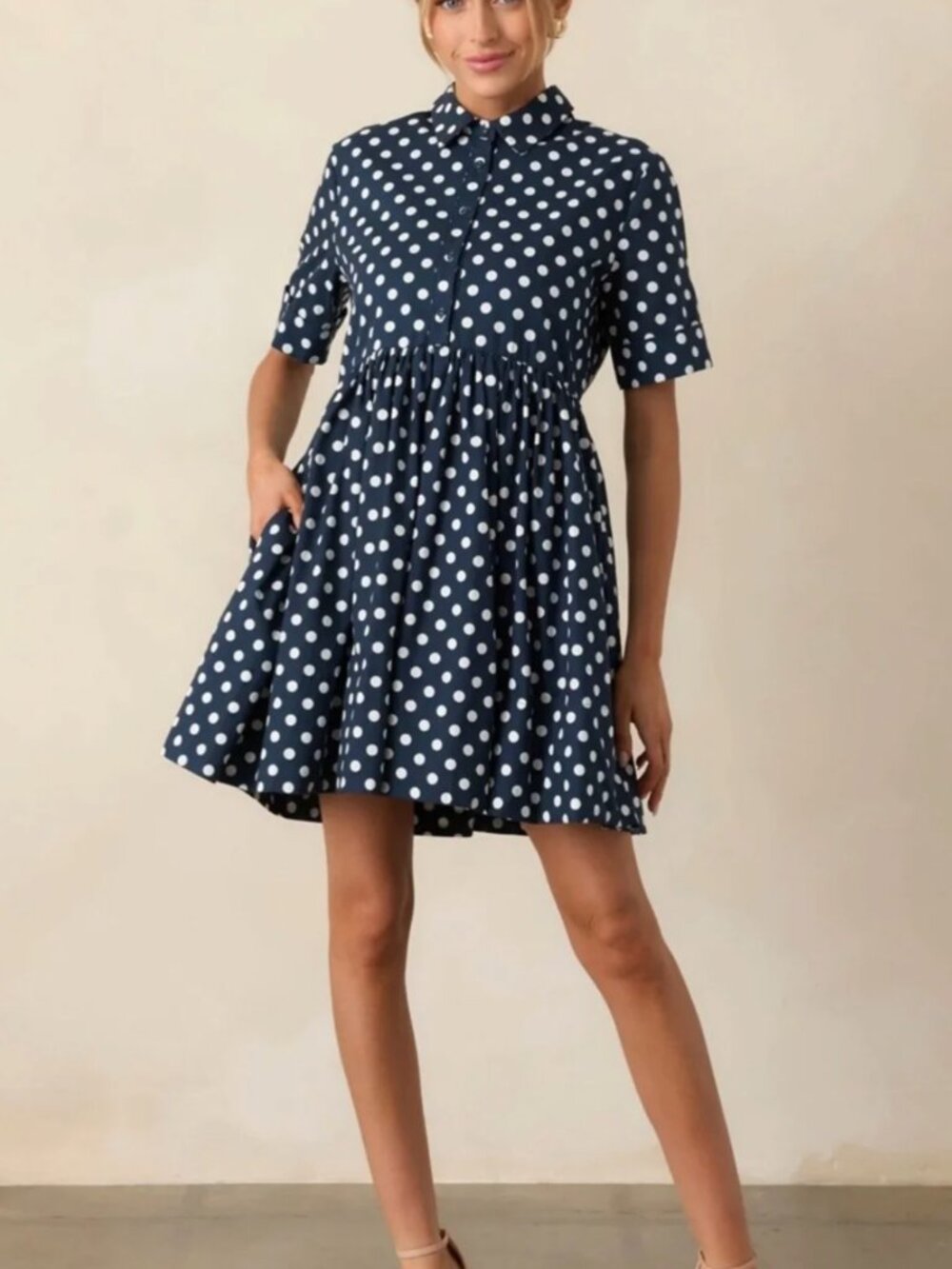 Prosperina Piper Polka Dot Dress Medium Navy Blue White Cotton Shirt Babydoll
